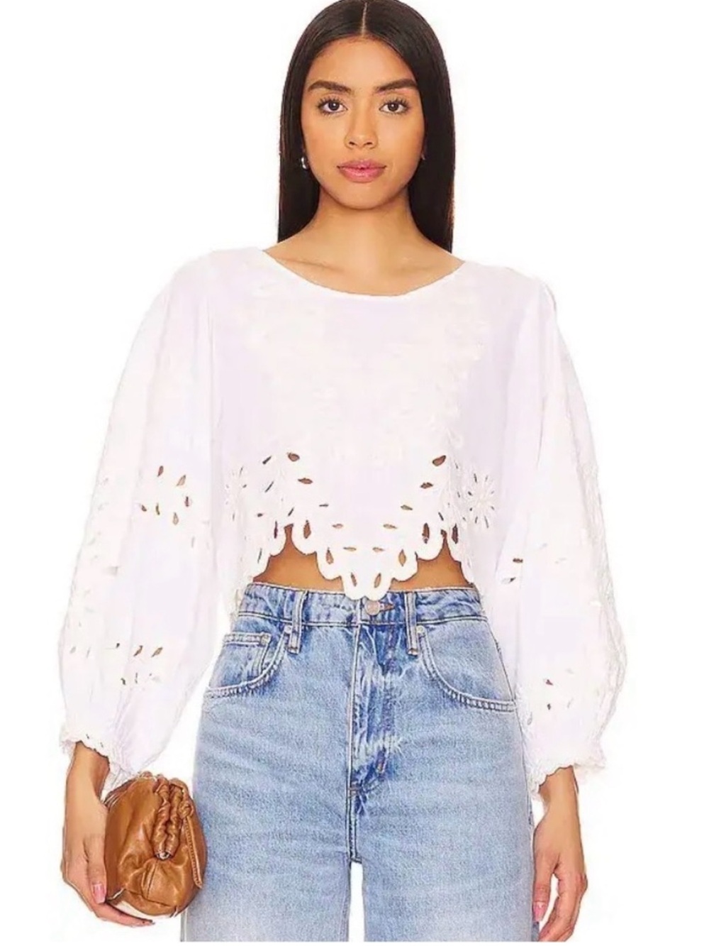 Free People White Oleander Eyelet Embroidered Crop Top, M, Balloon Sleeve, Boho